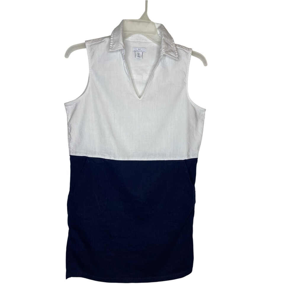 H Halston Women Colorblock Linen Blend Sleeveless Split Neck Pocket Dress Large